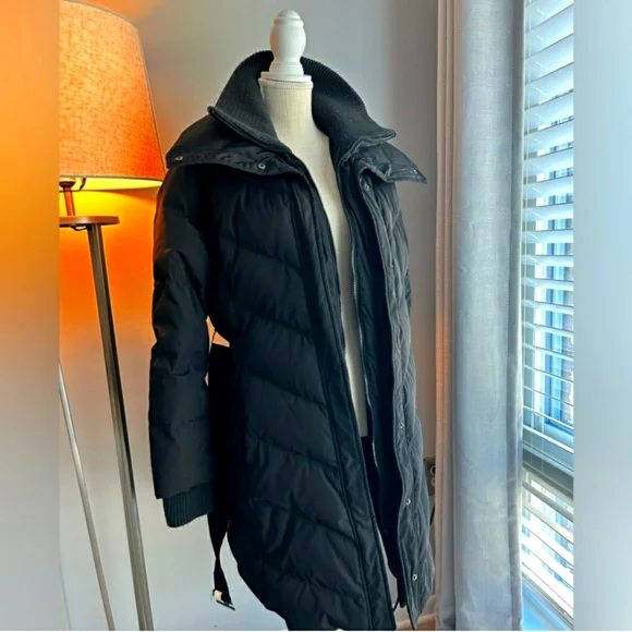 100% Down Puffer Longline Coat> black, high dual collar - Picture 5 of 13